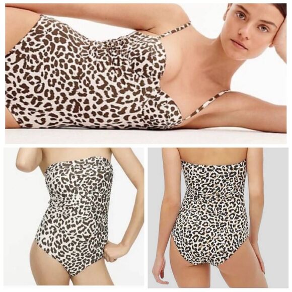 J. CREW Ruched Leopard Strapless Bandeau One Piece Swimsuit - Picture 1 of 6